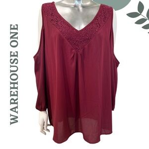 🛍️3/ $40 Warehouse One Burgundy Cold Shoulder Blouse Long Sleeve Plus Size XXXL